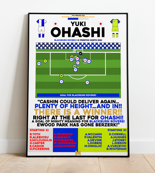 Yuki Ohashi Goal v Preston North End Print - EFL Championship 2025/26 - Blackburn Rovers