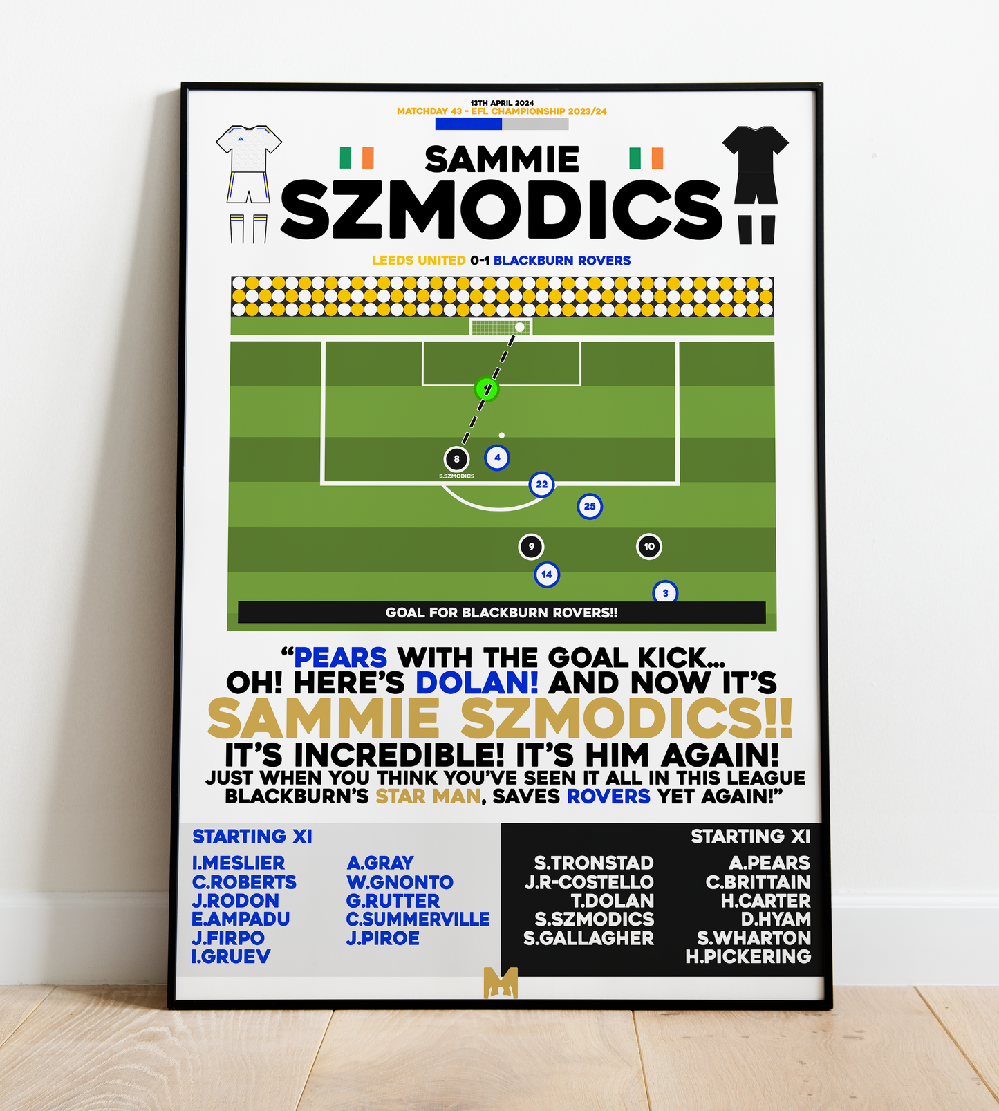 Sammie Szmodics v Leeds United Print - EFL Championship 2023/24 - Blackburn Rovers
